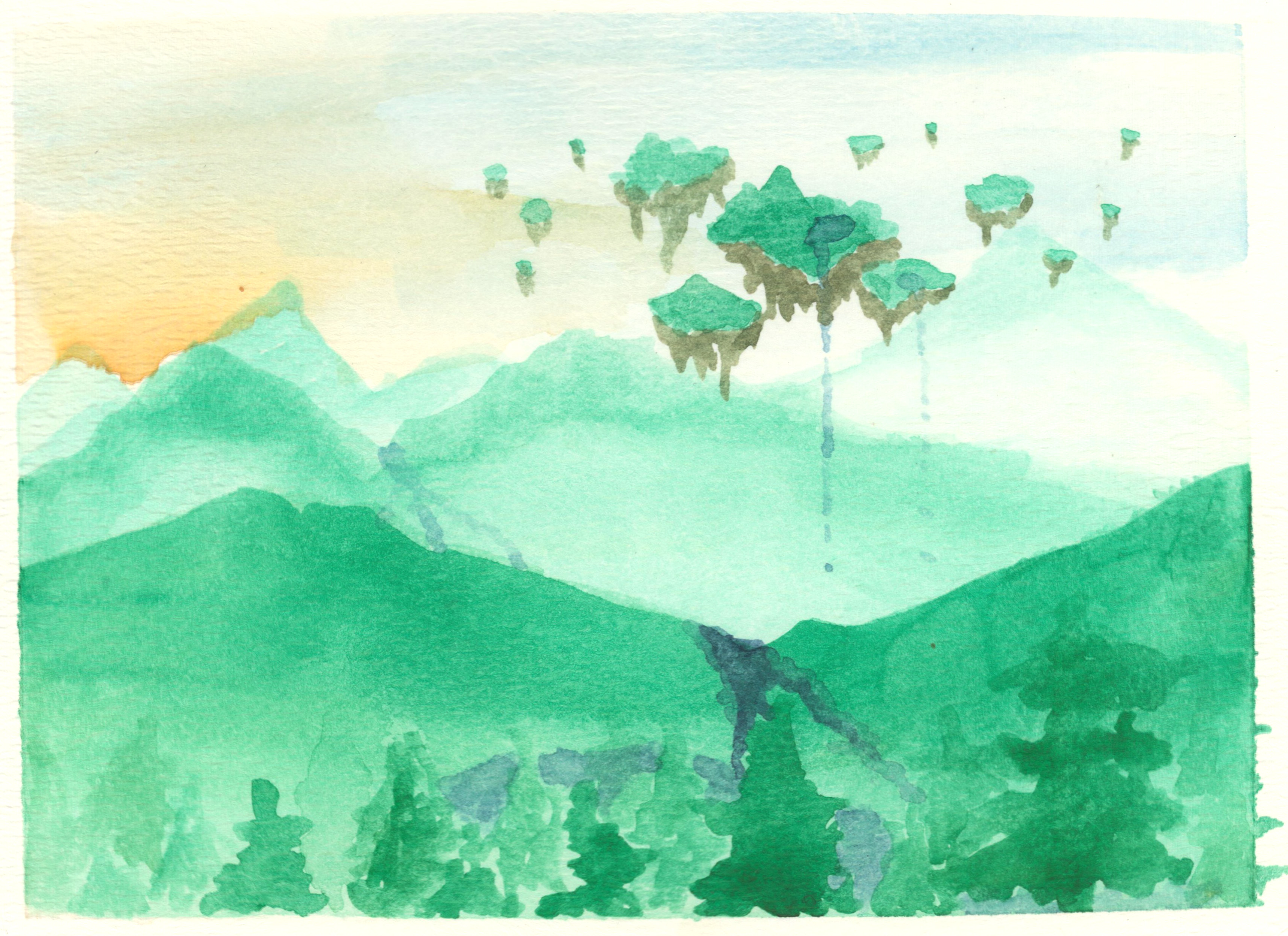 Watercolor Mountains With Island
